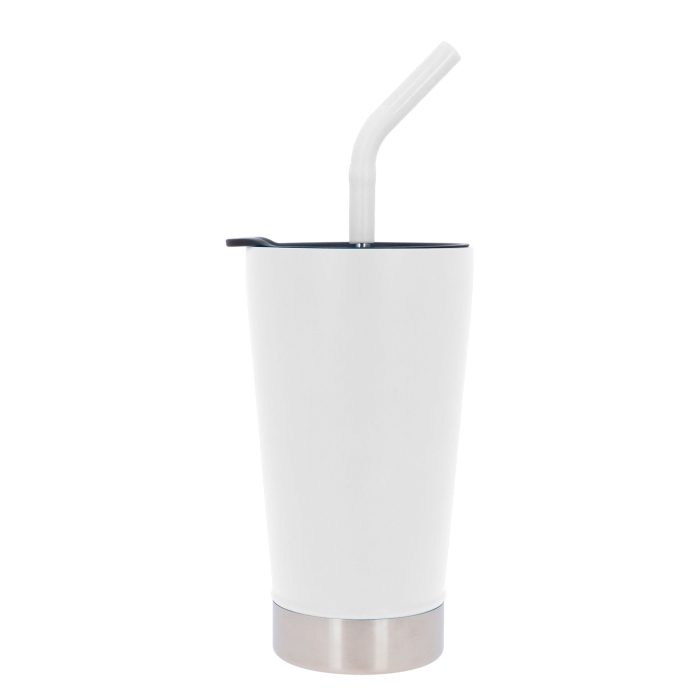 Termo con doble pared de acero inoxidable, insulado al vacío, con tapa de cierre a presión y popote. BLANCO