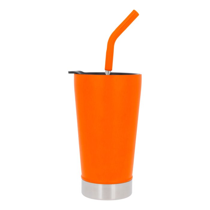 Termo con doble pared de acero inoxidable, insulado al vacío, con tapa de cierre a presión y popote. NARANJA