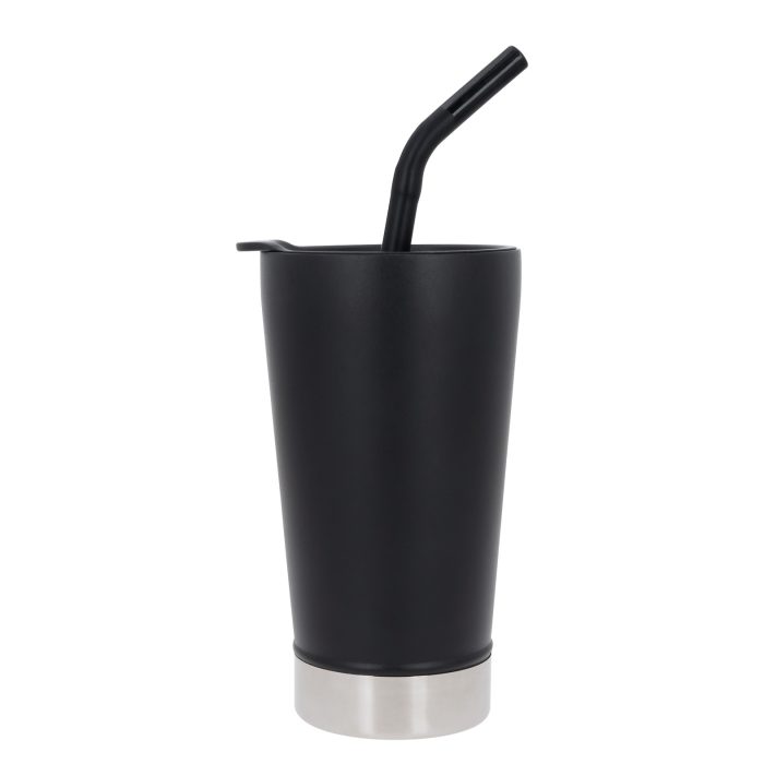 Termo con doble pared de acero inoxidable, insulado al vacío, con tapa de cierre a presión y popote. NEGRO