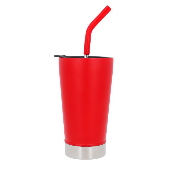 Termo con doble pared de acero inoxidable, insulado al vacío, con tapa de cierre a presión y popote. ROJO