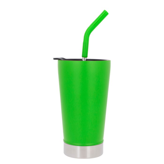 Termo con doble pared de acero inoxidable, insulado al vacío, con tapa de cierre a presión y popote. VERDE