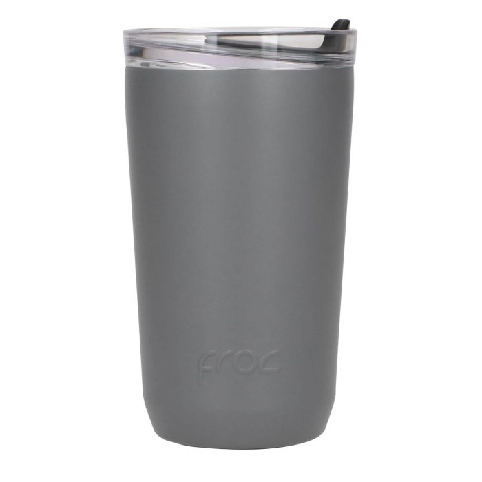 Termo con doble pared de acero inoxidable insulado al vacio con tapa de silicón y base antiderrapante. (No es hermético). GRIS