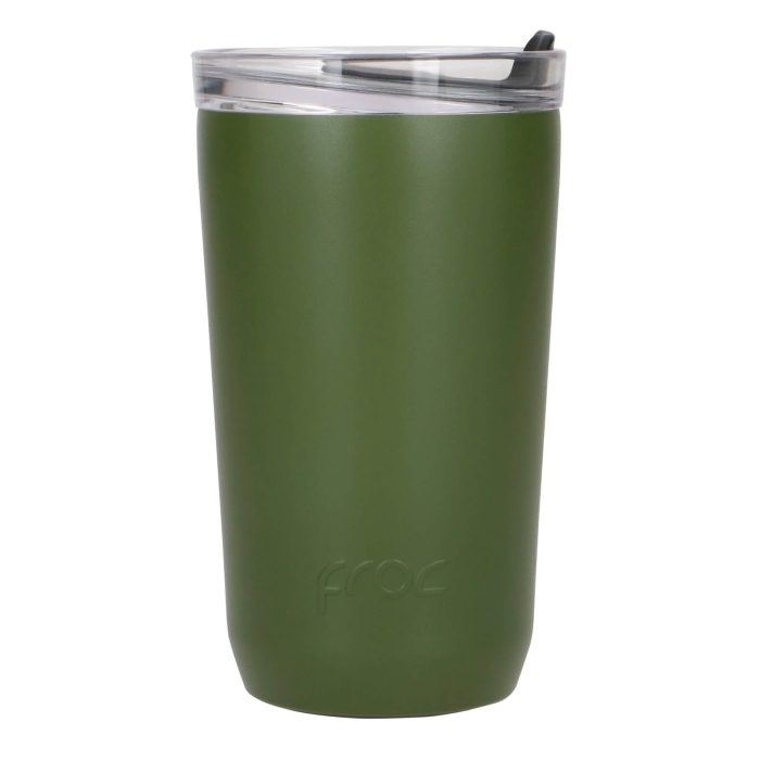 Termo con doble pared de acero inoxidable insulado al vacio con tapa de silicón y base antiderrapante. (No es hermético). VERDE MILITAR