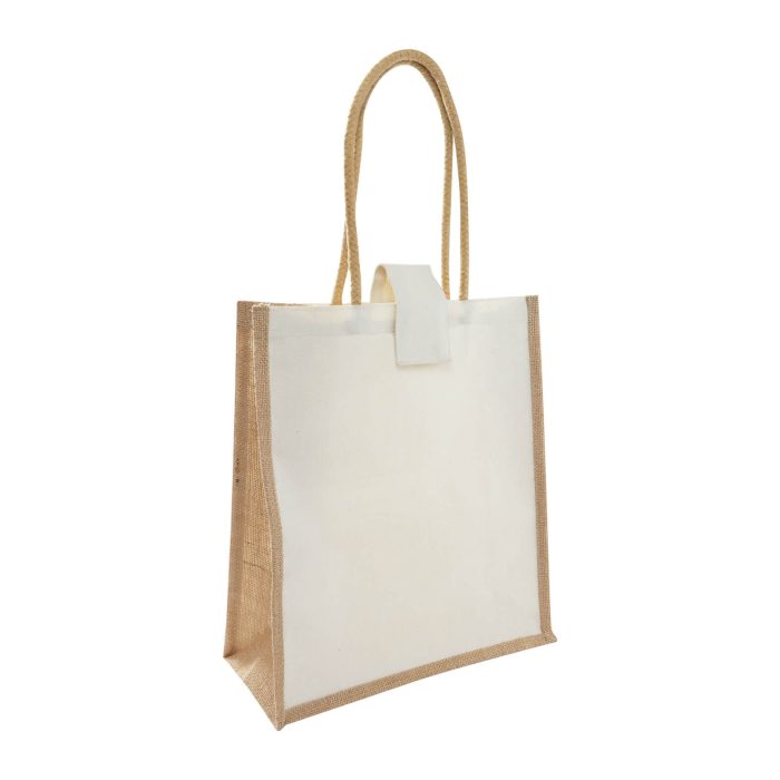 Bolsa de loneta laminada con yute, cierre de velcro y asas. UNICO