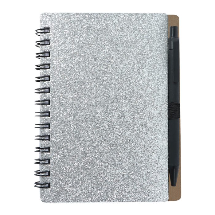Mini libreta ecológica con espiral, purpurina, bolígrafo y 70 hojas de raya. PLATA