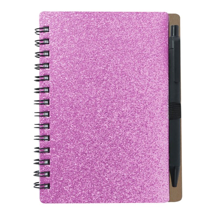 Mini libreta ecológica con espiral, purpurina, bolígrafo y 70 hojas de raya. ROSA