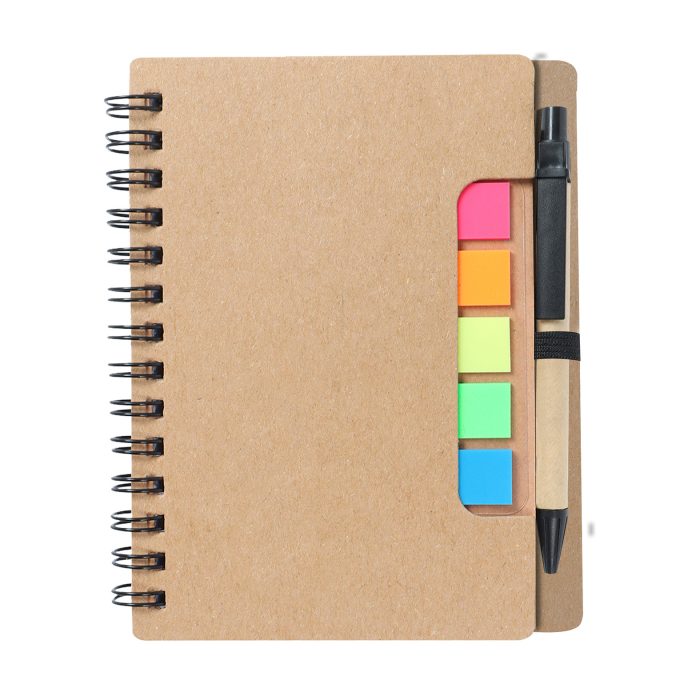Mini libreta ecológica con espiral, 5 tiras de banderas adheribles, bolígrafo y 70 hojas de raya. CARTON