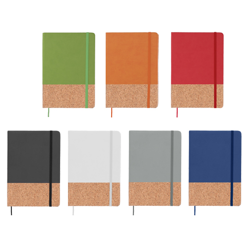 Libreta de poliuretano con detalle de corcho, banda elástica, 90 hojas rayadas y separador. AZUL