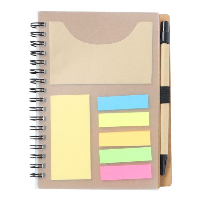 Libreta ecológica de cartón con espiral y plástico protector, incluye: 5 banderas adheribles, bolígrafo, porta tarjetas, block de notas y 70 hojas de raya. CARTON
