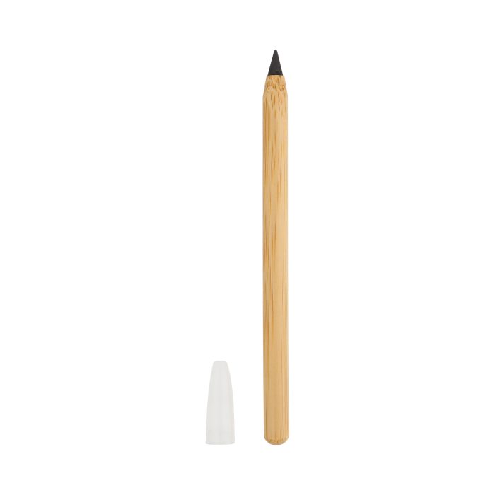 Bolígrafo de bambú libre de tinta que cuenta con una aleación de metales entre el estaño y bismuto, mismo que al contacto con la hoja hace una reacción química de oxidación en el papel. BAMBU