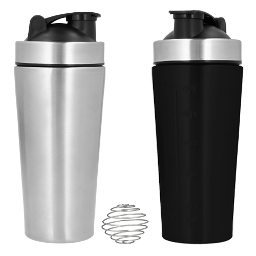 Shaker de acero inoxidable con medidor, bola mezcladora de acero y tapa enroscable con boquilla. NEGRO