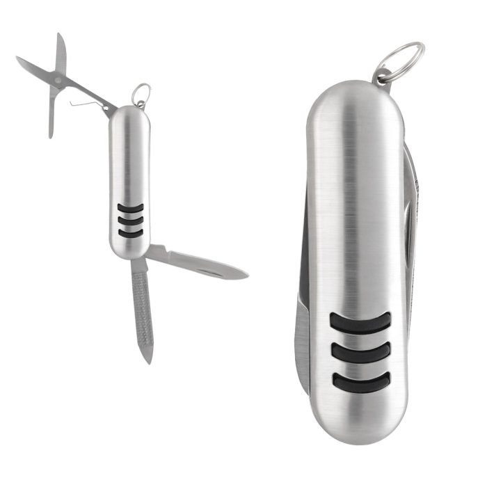 Mini navaja metálica con 3 funciones que contiene: tijeras y doble navaja con lima, cuenta con arillo para usar como llavero. PLATA