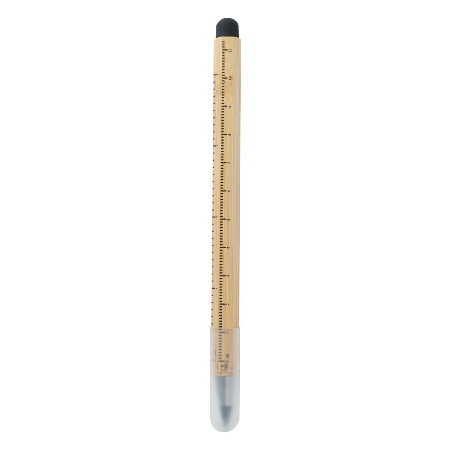 Bolígrafo de bambú libre de tinta que al contacto con la hoja se oxida, incluye goma touch screen y regla de 11 cm. BAMBU