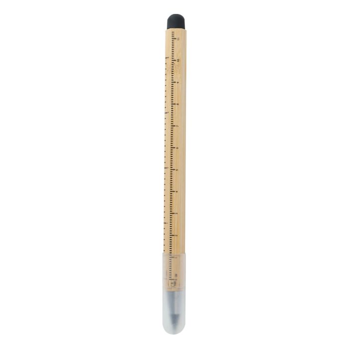 Bolígrafo de bambú libre de tinta que al contacto con la hoja se oxida, incluye goma touch screen y regla de 11 cm. BAMBU