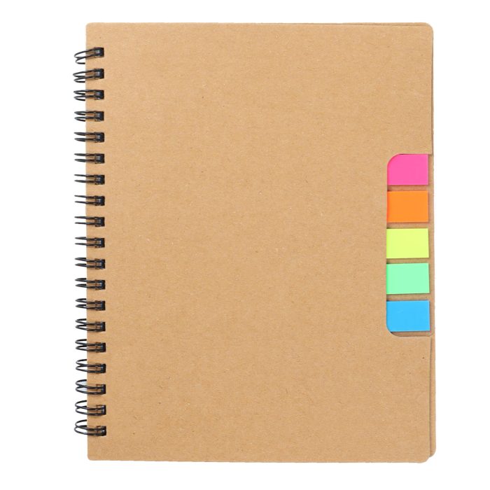 Libreta ecológica con espiral, 5 tiras de banderas adheribles, bolígrafo y 70 hojas de raya. CARTON