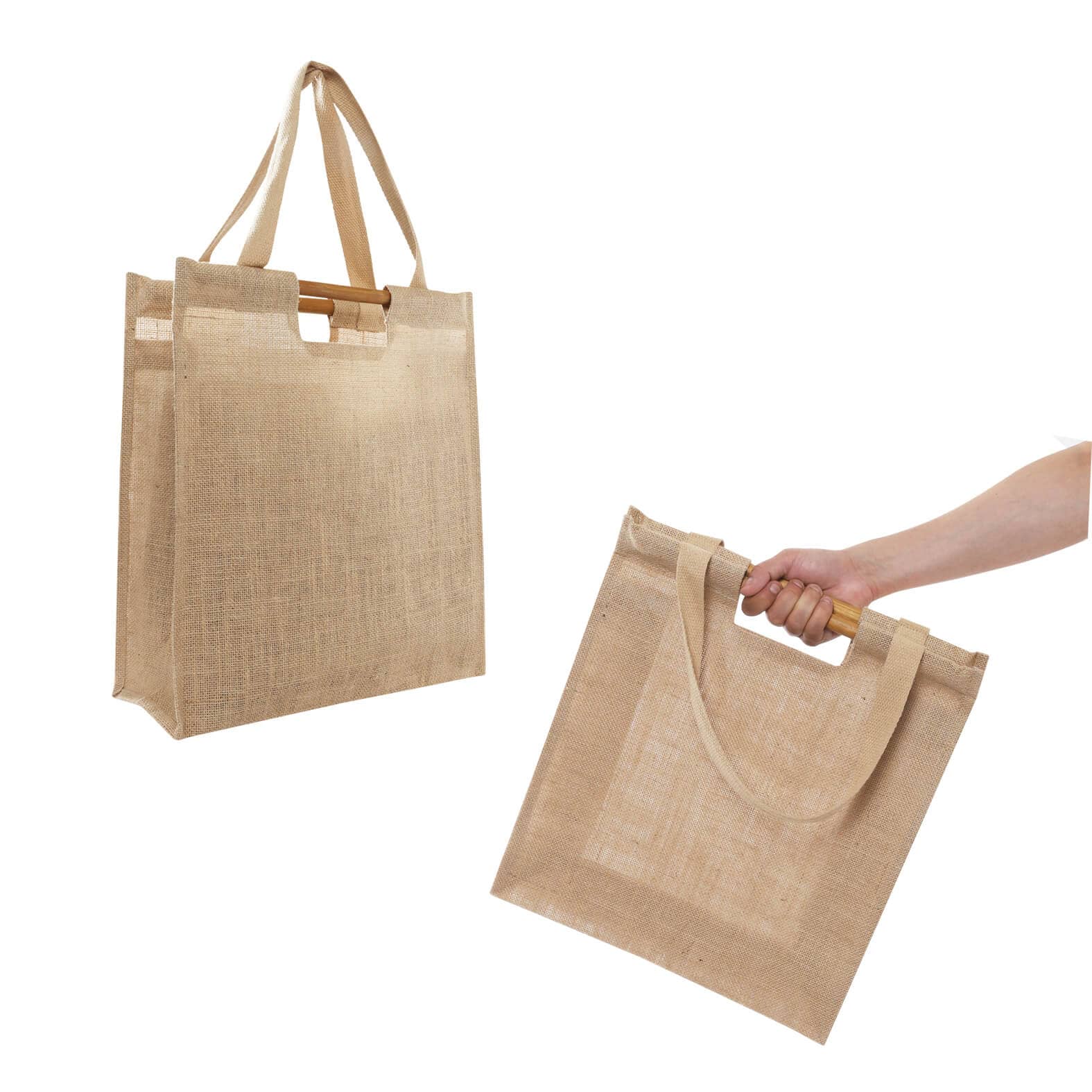 Bolsa de yute laminado con asas de bambú y asas de tela. UNICO