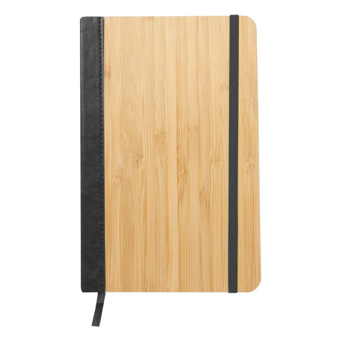 Libreta de bambú con banda elástica, separador y 96 hojas de raya. NEGRO