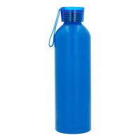 Cilindro de acero inoxidable, con tapa de plástico traslúcida enroscable y correa de silicón. AZUL