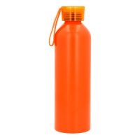 Cilindro de acero inoxidable, con tapa de plástico traslúcida enroscable y correa de silicón. NARANJA