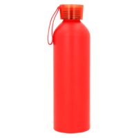 Cilindro de acero inoxidable, con tapa de plástico traslúcida enroscable y correa de silicón. ROJO