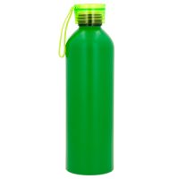 Cilindro de acero inoxidable, con tapa de plástico traslúcida enroscable y correa de silicón. VERDE