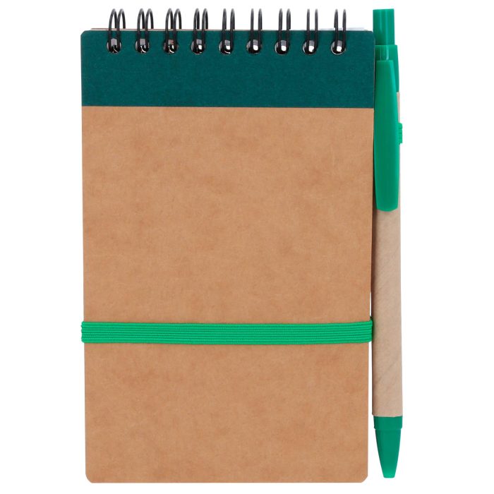 Libreta pocket de papel reciclado y bolígrafo, incluye: 70 hojas rayadas. VERDE
